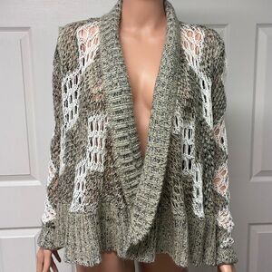 NWT Poof Dark Oatmeal/Ecru open crochet shrug / cardigan sweater, size MEDIUM